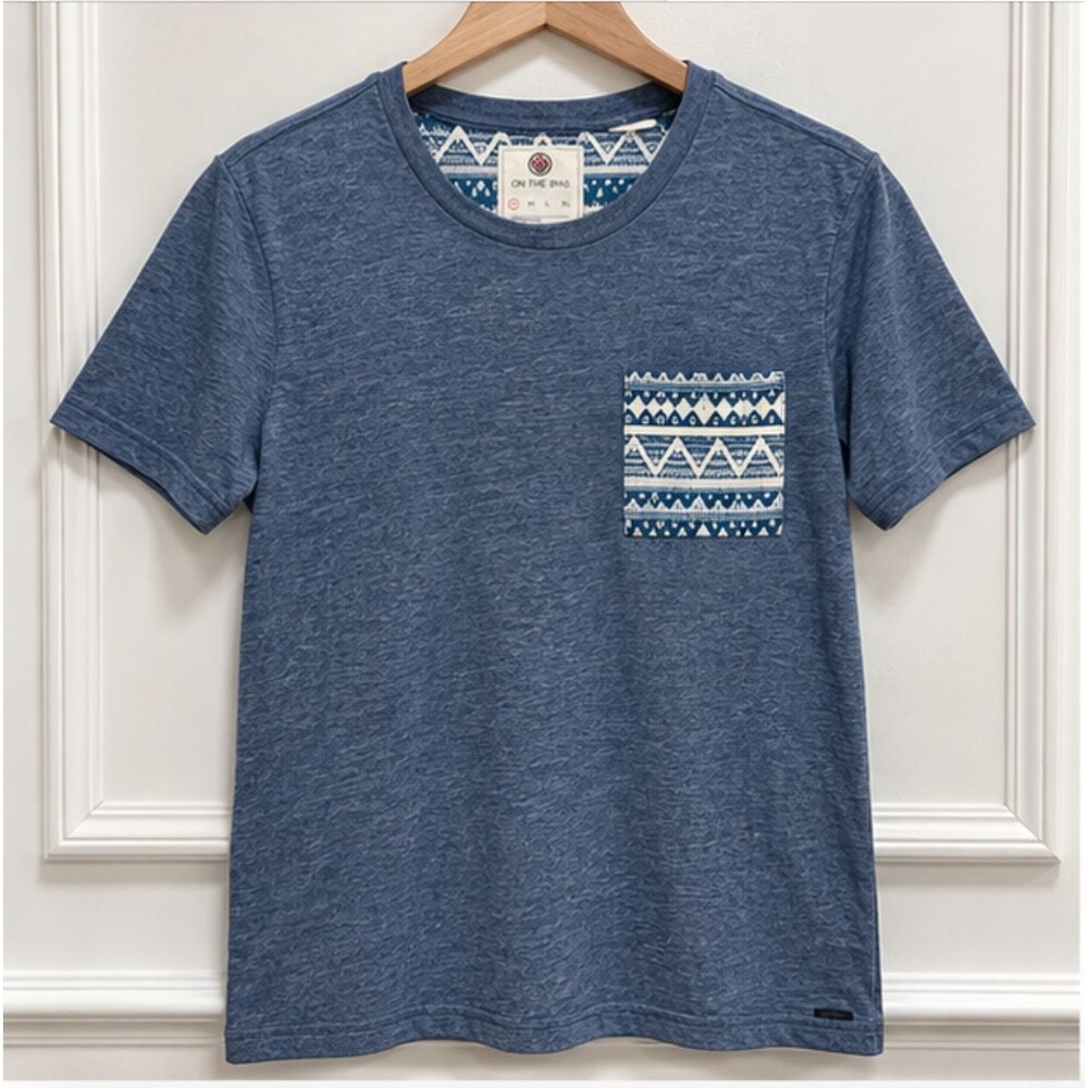 On The Byas Mens S Heather Blue Y2K Aztec Tribal Print Pocket Tee Surf Skater